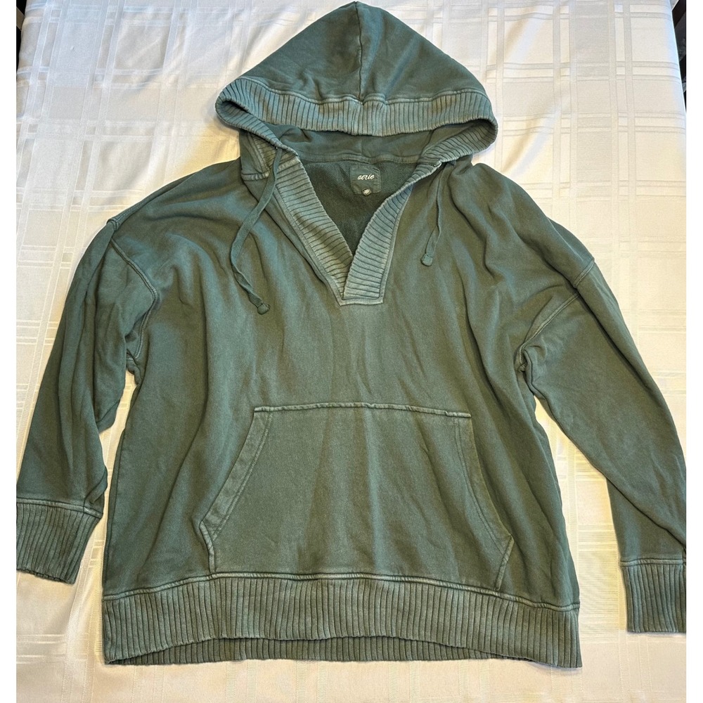 Aerie Hoodie Womens XXL Green V-Neck Ribbed Trim Pullover Sweatshirt Cotton
